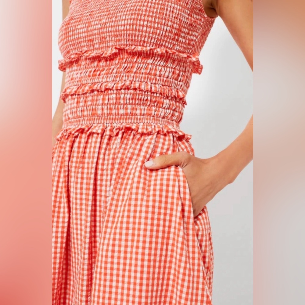 HUNTER BELL Orange Gingham Smocked Waist Midi Dress - Picture 3 of 6